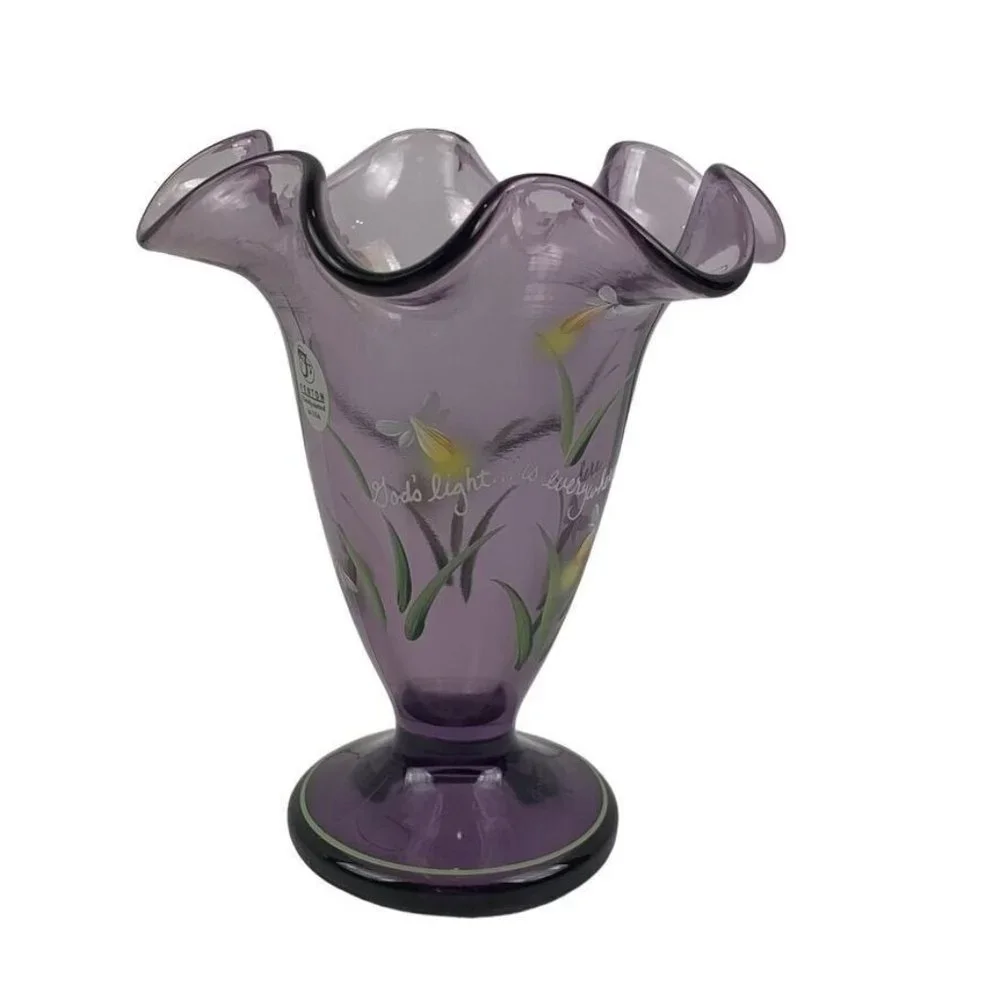 Fenton Fluted Purple Vase Handpainted God's Light‎ is Everywhere Fireflies 6